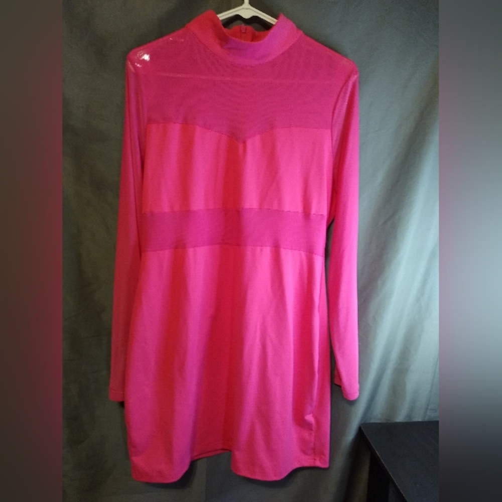 Pink Lily Anthropologie Hot Pink Long Sleeve Overlay Long Sleeve Bodycon Dress